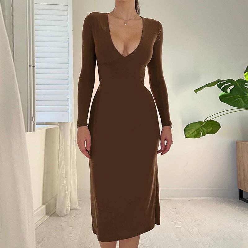 Deep V-Neck String Tie Solid Color Daily Dress FY22424S - SWEETKAMA