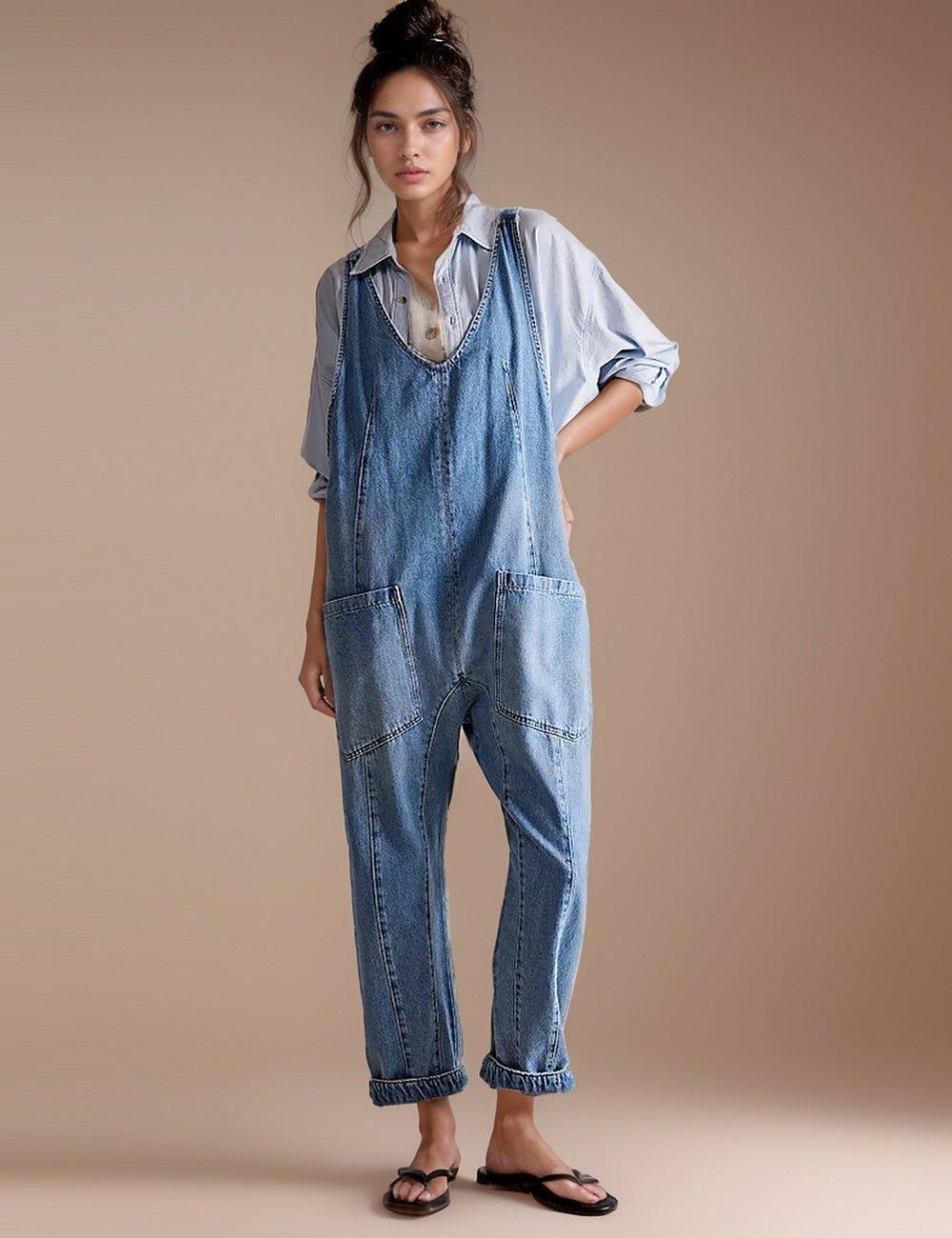 Denim Adjustable Shoulder High Roller Jumpsuit SKJ150 - SWEETKAMA