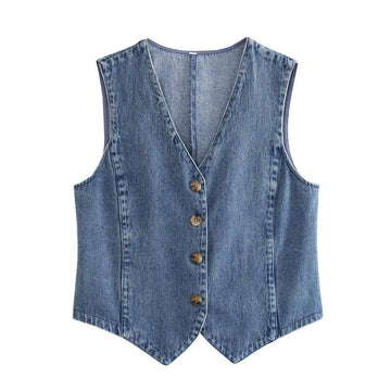 Denim Solid V-Neck Sleeveless Women Daily Vest B88464 - SWEETKAMA