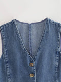 Denim Solid V-Neck Sleeveless Women Daily Vest B88464 - SWEETKAMA