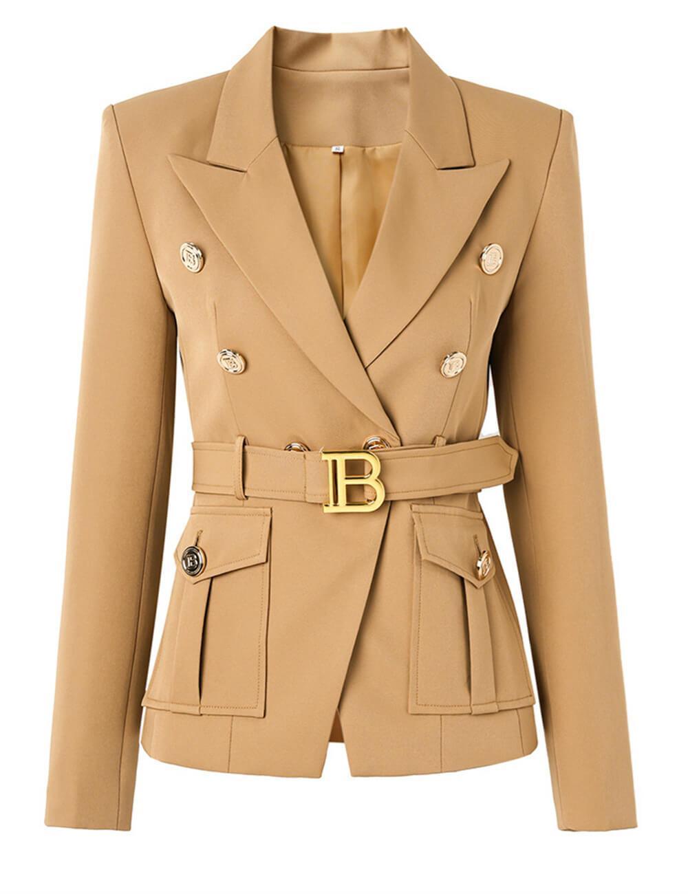 Ladies Solid Color Double Breasted Belted Blazer 0802