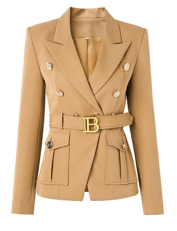 Ladies Solid Color Double Breasted Belted Blazer 0802