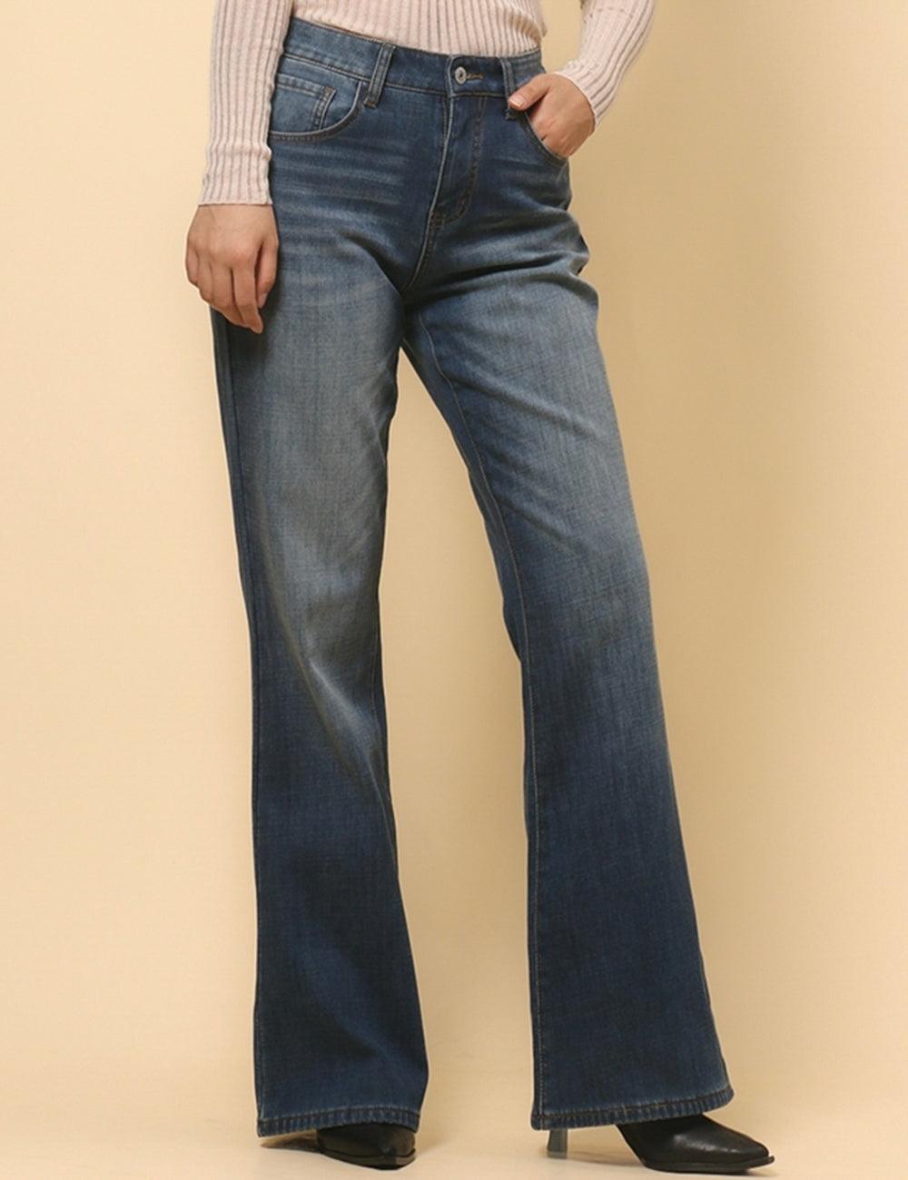 Ladies Dark Blue Jeans Flare Leg Denim Pants SKP4825