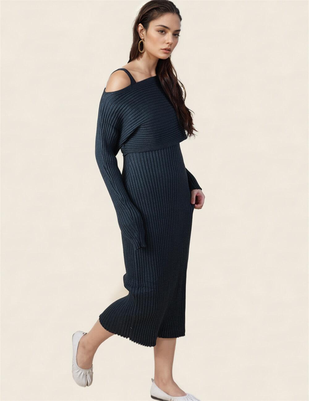 Ladies Rib Crop Sweater & Midi Knit Dress Set SKST0772