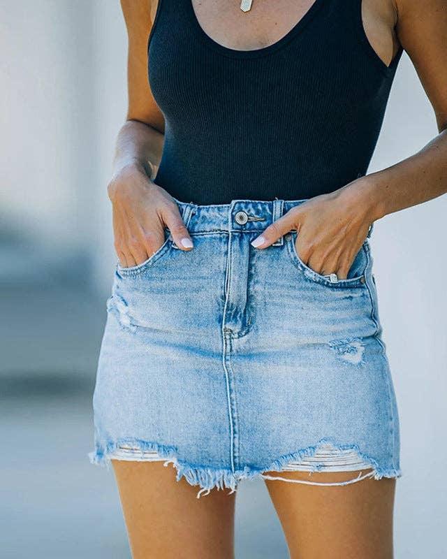 Distressed Raw Hem Denim Mini Skirt SKS6707 - SWEETKAMA