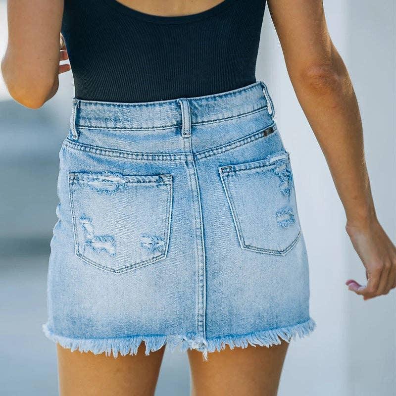 Distressed Raw Hem Denim Mini Skirt SKS6707 - SWEETKAMA