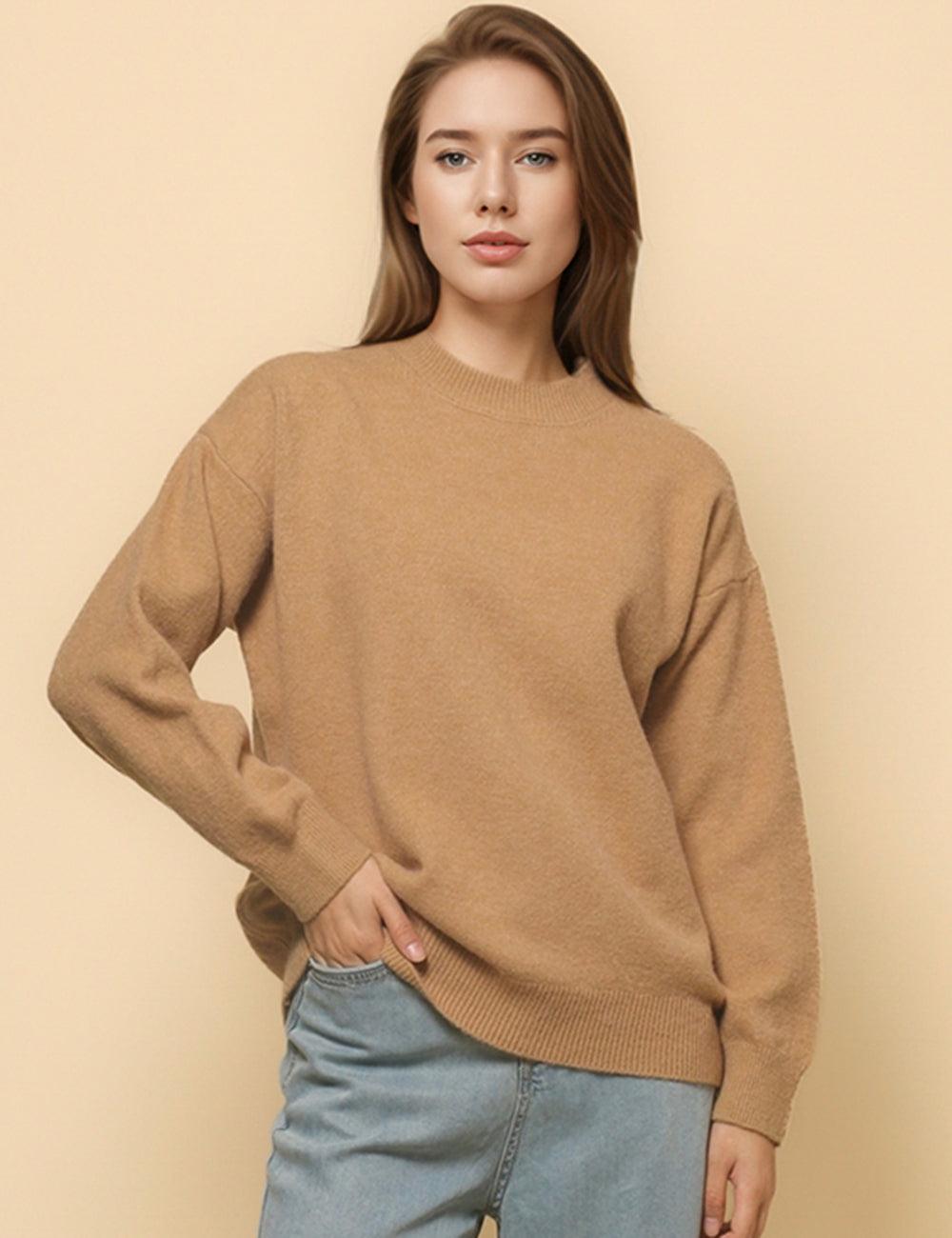 Ladies Round Neck Solid Color Pullover Knitted Sweater SKT4759