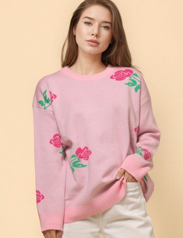 Ladies Rose Knit Round Neck Daily Pullover Sweater SKT4792