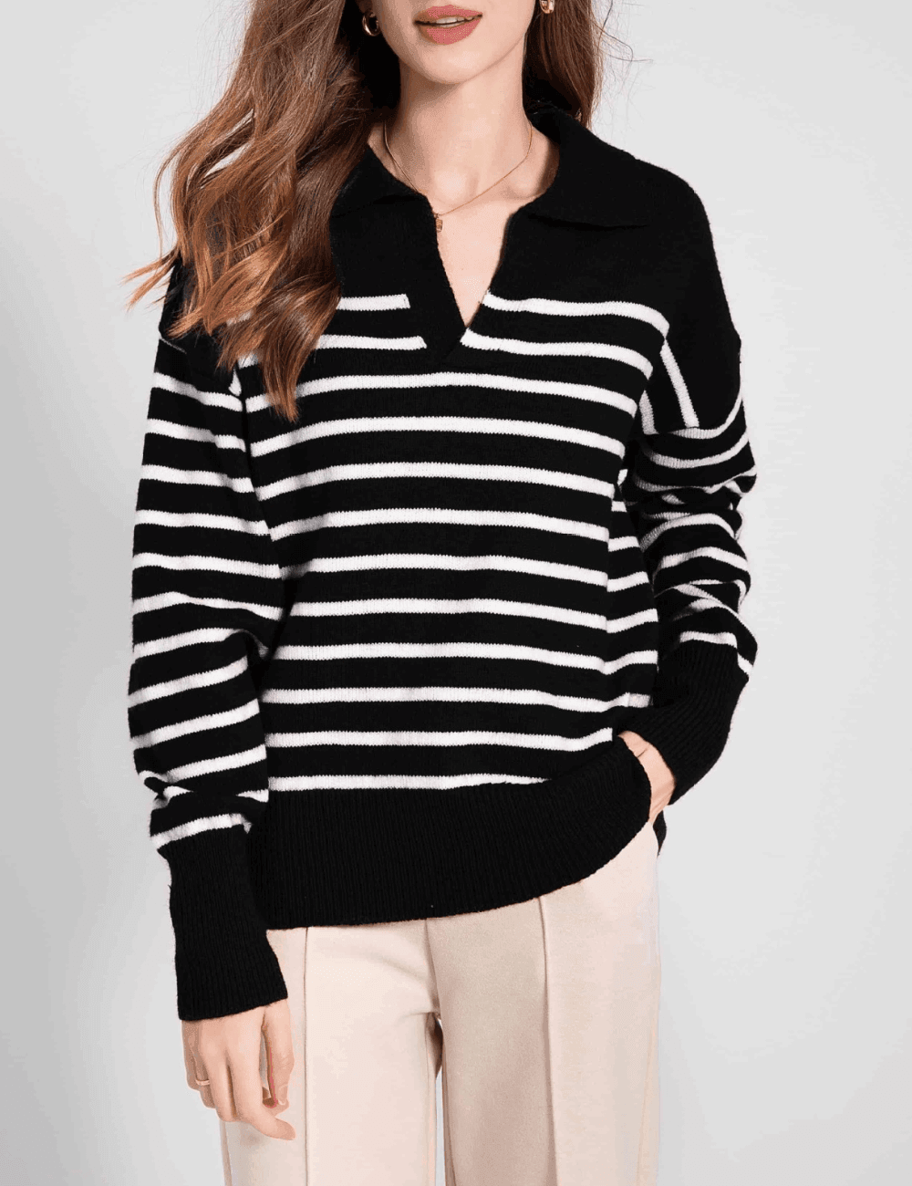 Ladies Stripe Lapel Neck Knit Sweater 3271