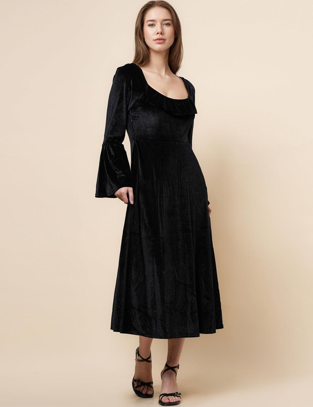 Ladies Elegant Velvet Square Neck Ruffle Sleeves Midi Dress SKD4900