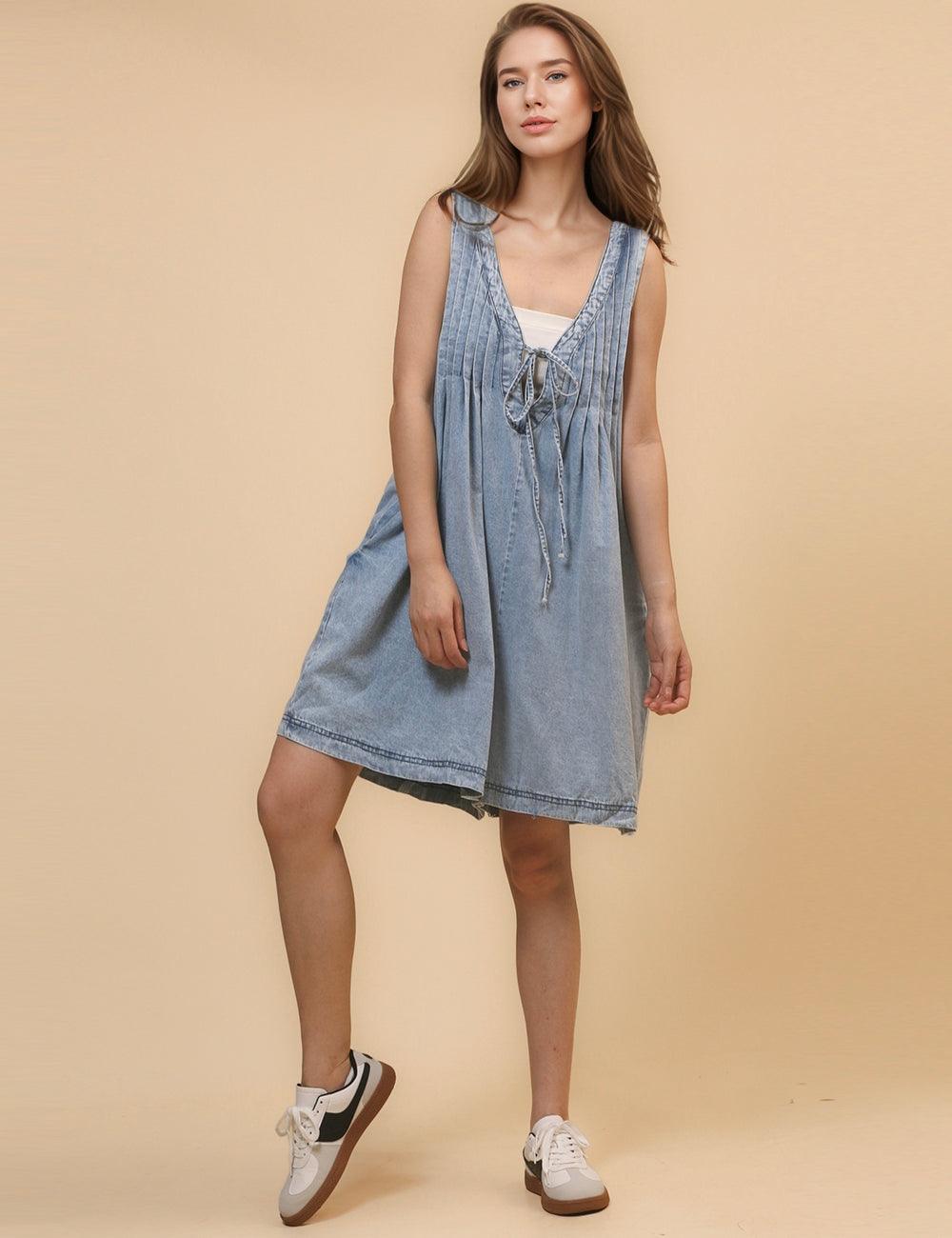 Ladies Tie Front V-Neck Sleeveless Denim Romper SKJ4676