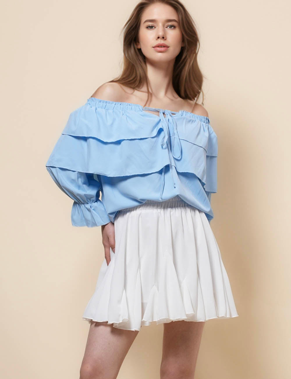 Off Shoulder Ruffle Long Sleeves Blouse Top SKT41243