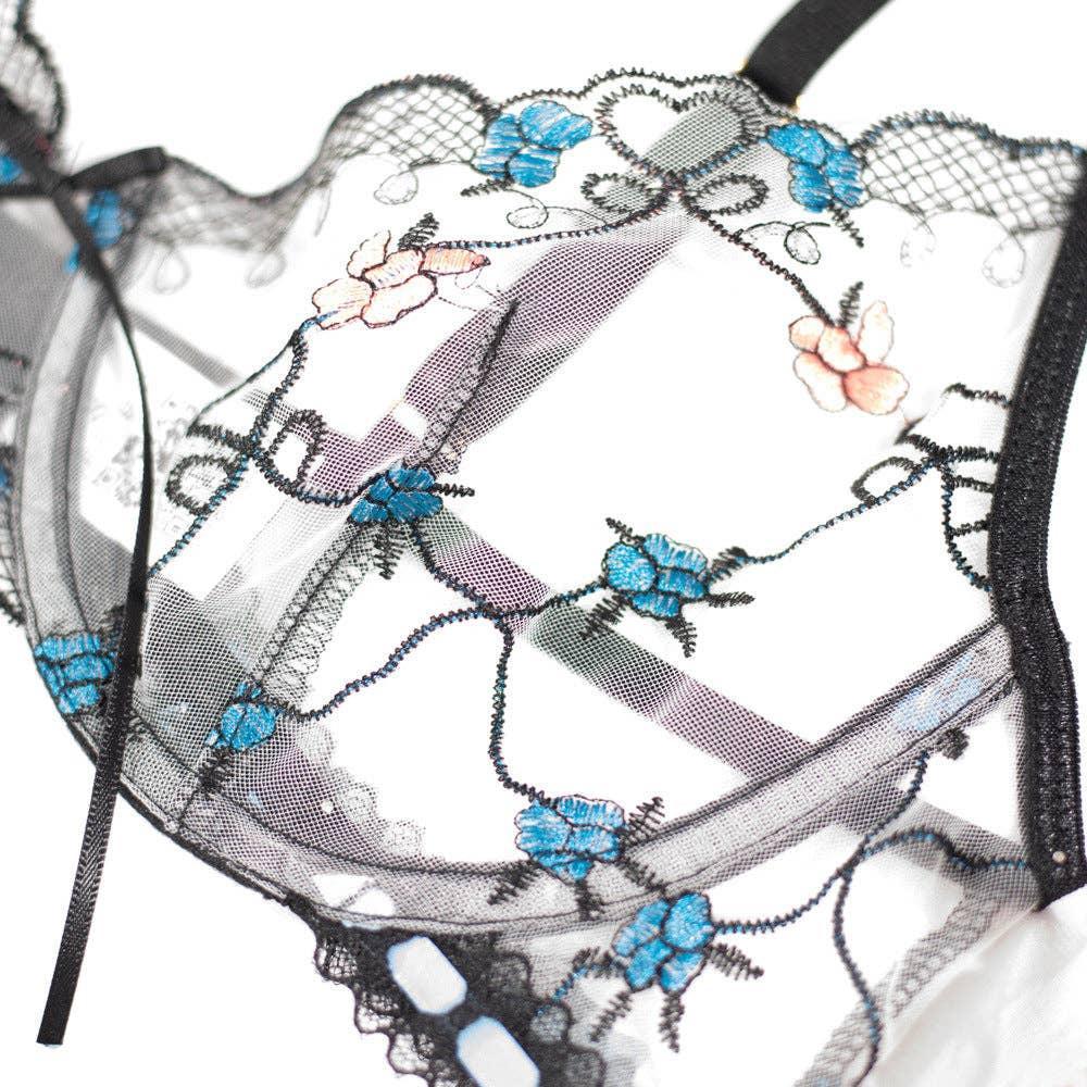 Embroider Bowknot Garter Belt Bra Lingerie Set LS1475 - SWEETKAMA