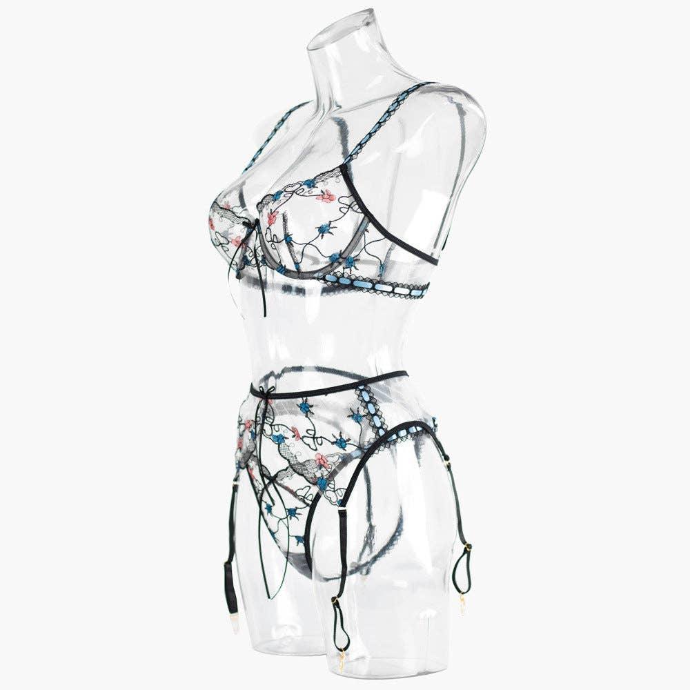 Embroider Bowknot Garter Belt Bra Lingerie Set LS1475 - SWEETKAMA