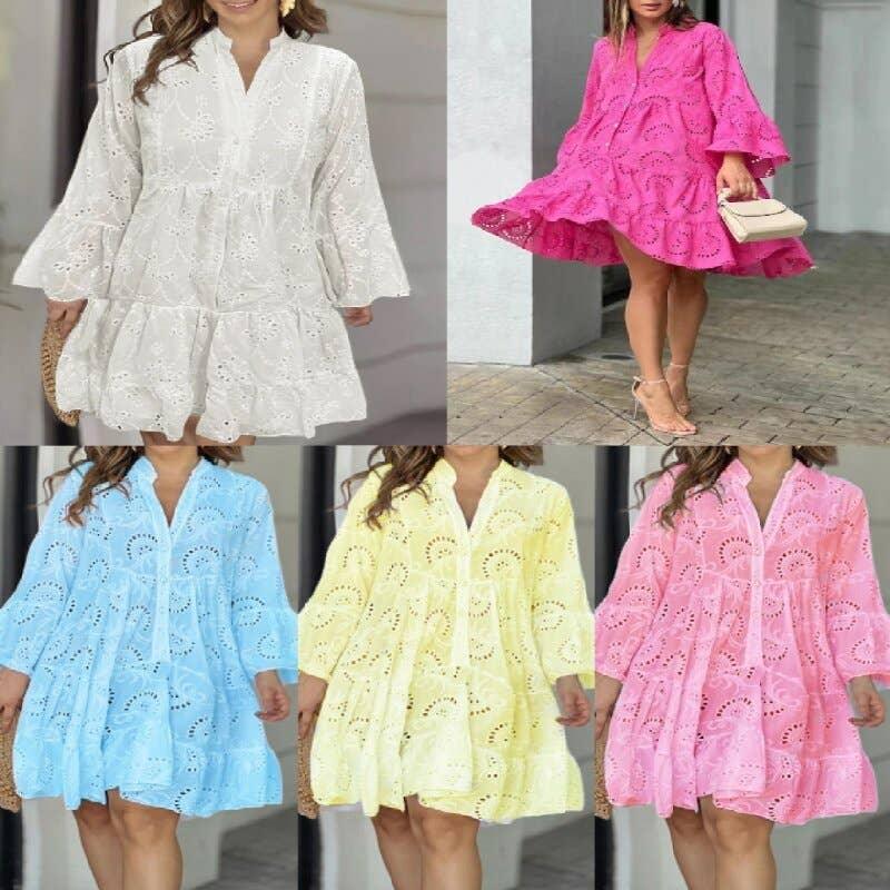 Eyelet Long Sleeves Short Daily Dress 23115 - SWEETKAMA