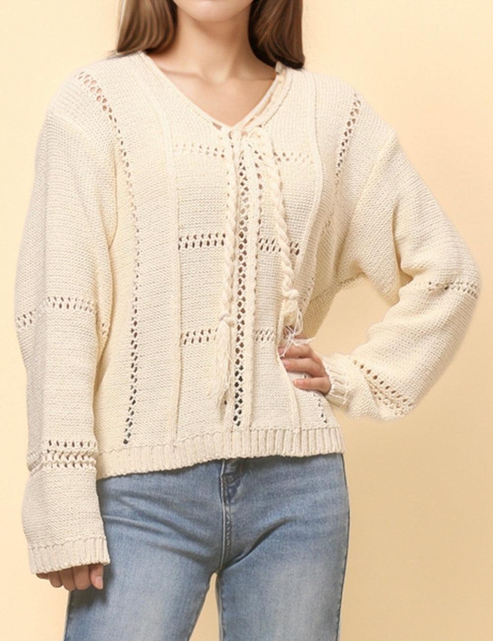 Ladies Hallow V-Neck Long Sleeves Pullover Sweater SKT4809