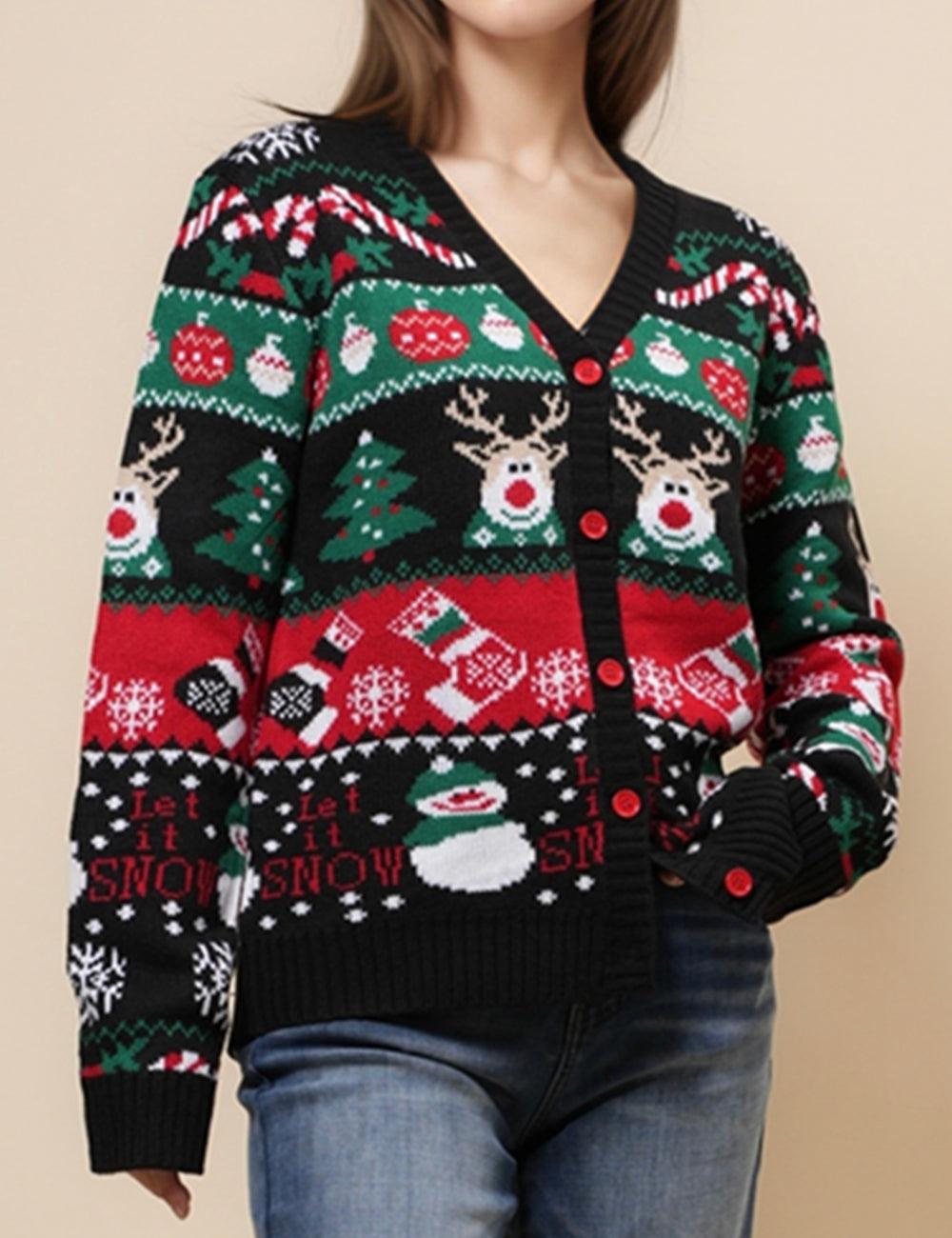 Ladies V-Neck Man Sweater Deer and Snow Cardigan SKT4929