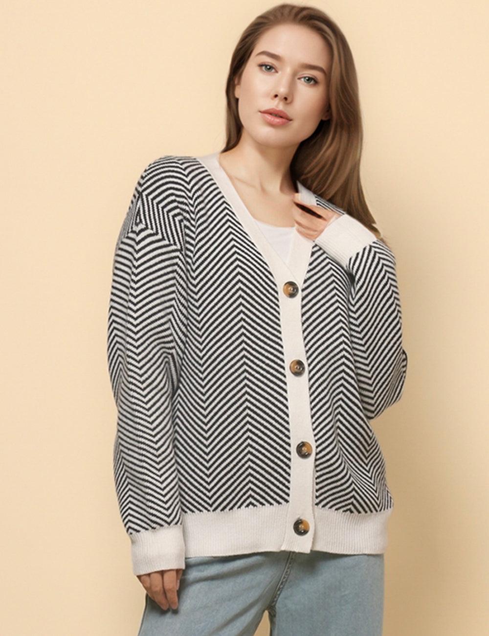 Ladies V-Neck Striped Cardigan Sweater Coat SKT4772