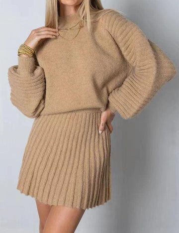 Ladies Solid Color Pullover Sweater Dress & Mini Skirt Set SKST41008