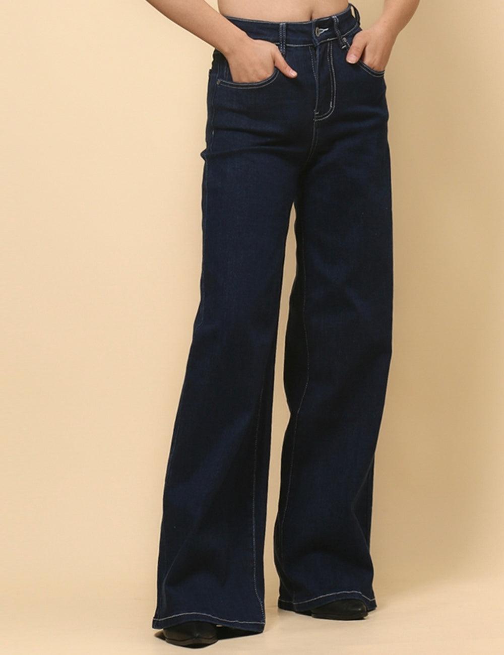 Ladies Dark Blue Jeans Wide Leg Denim Pants SKP4822