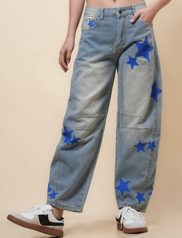 Ladies Barrel Star Print Jeans Daily Denim Pants SKP41037