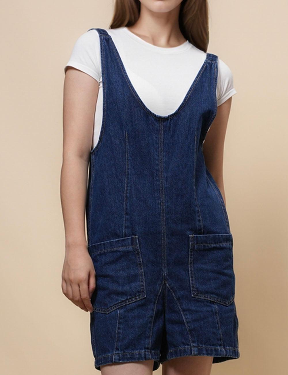 Denim Adjustable Shoulder High Roller Romper SKJ353