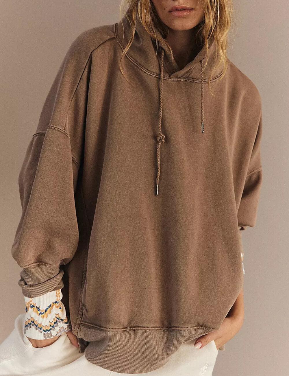 Ladies Solid Color Long Sleeves Drawstring Hoodie 24111