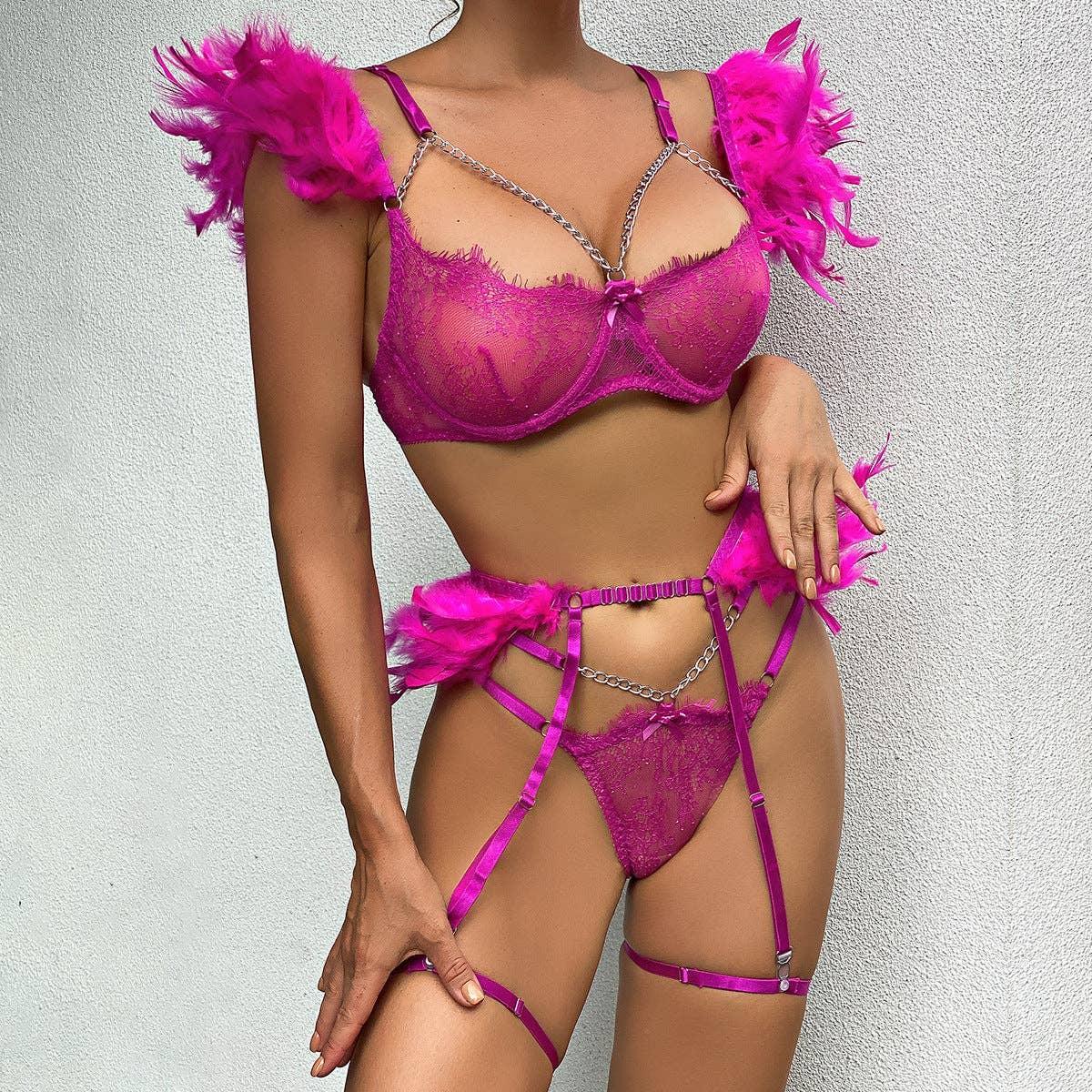 Feather Lace Lingerie Set with Garter Belt 2250 - SWEETKAMA