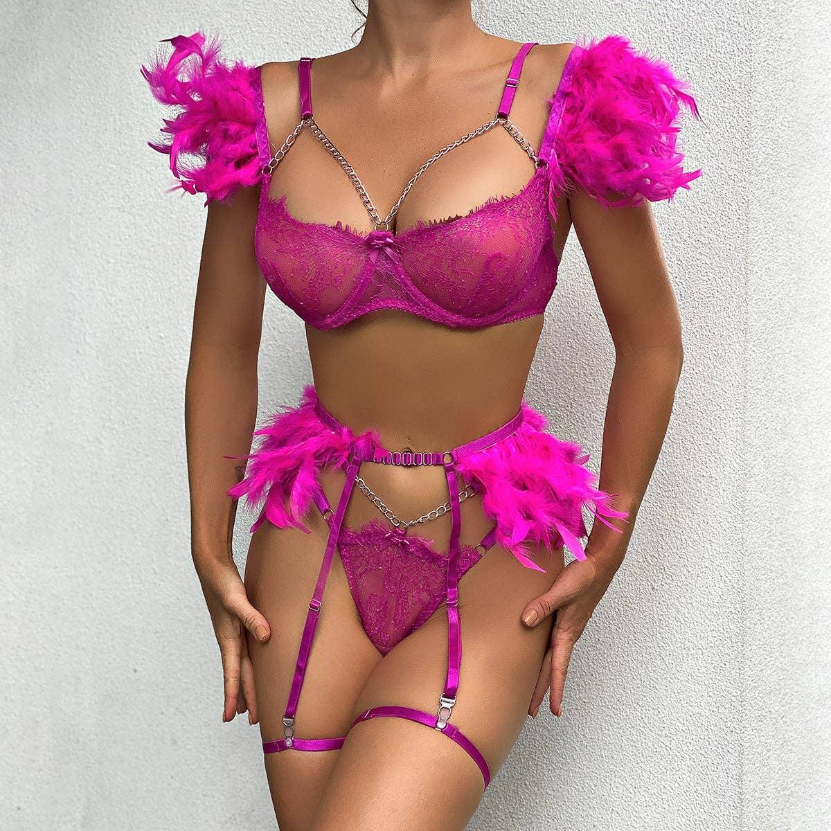 Feather Lace Lingerie Set with Garter Belt 2250 - SWEETKAMA