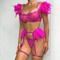 Feather Lace Lingerie Set with Garter Belt 2250 - SWEETKAMA