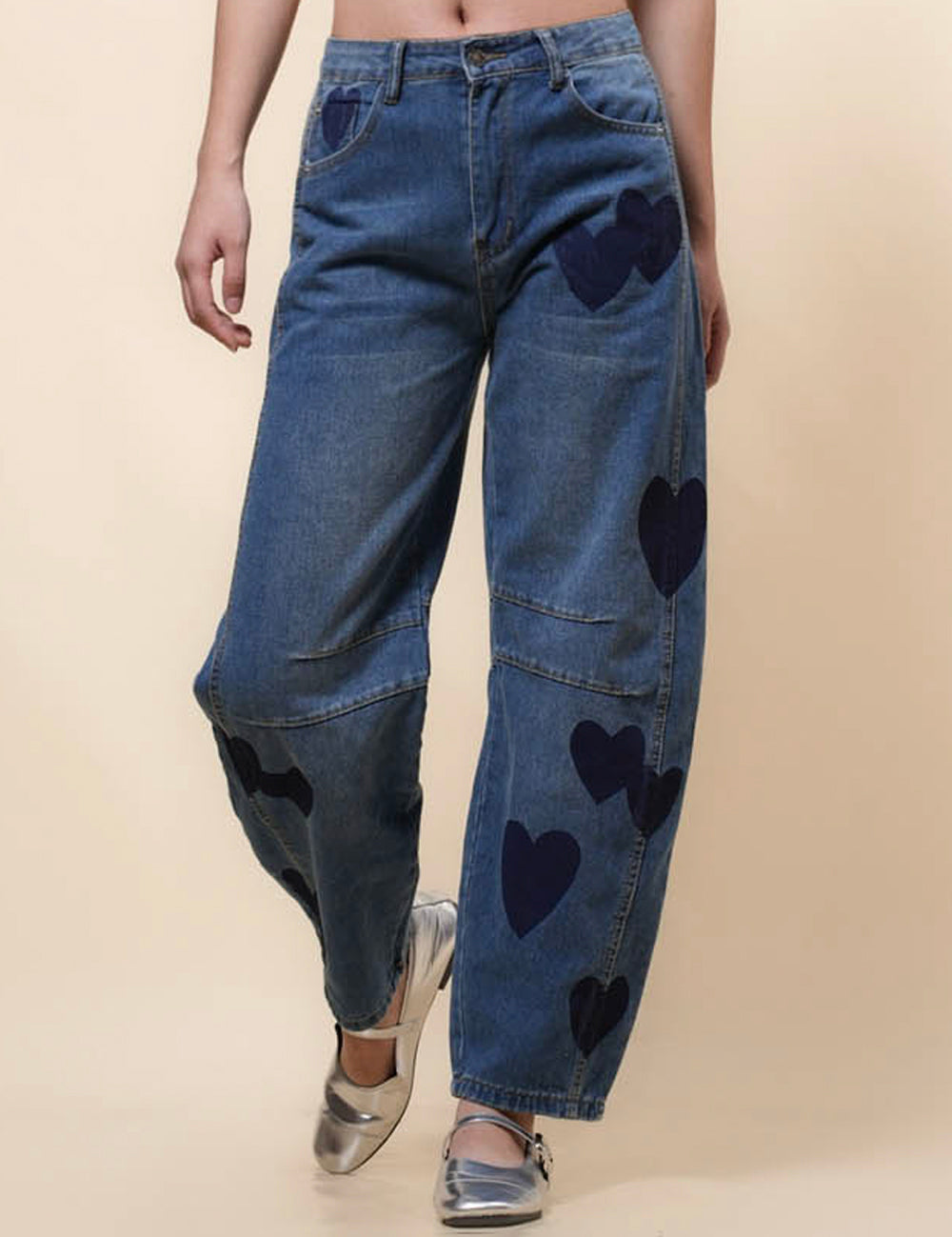 Ladies Barrel Heart Print Jeans Denim Pants SKP41074