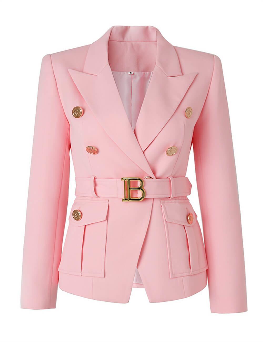 Ladies Solid Color Double Breasted Belted Blazer 2120