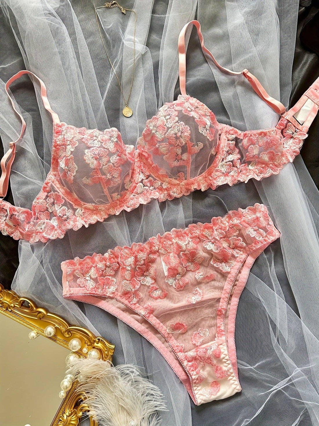 Floral Embroidery Sexy Lingerie Set HF-4113 - SWEETKAMA