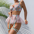 Floral Embroidery Sexy Lingerie Set with Garter 2709 - SWEETKAMA