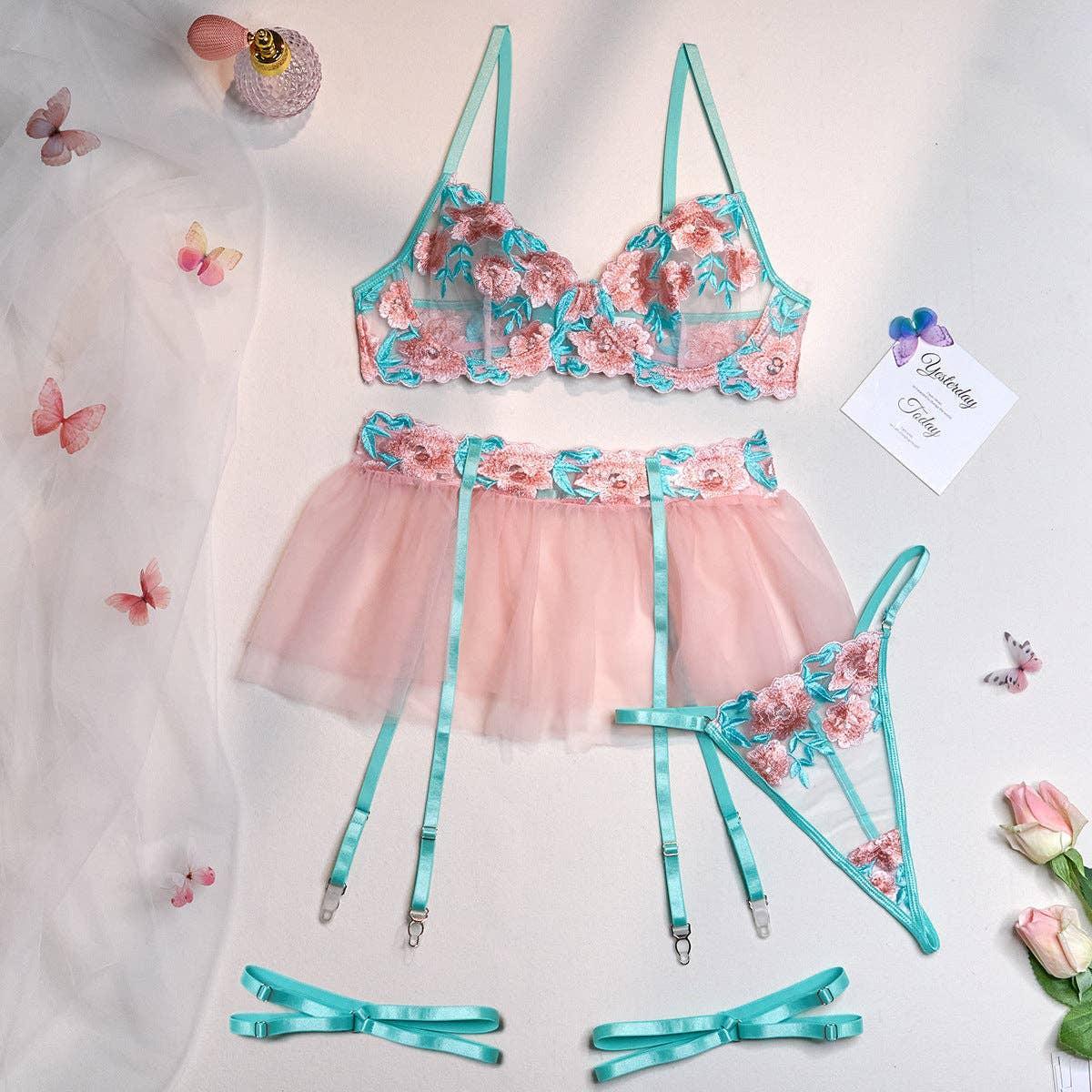 Floral Embroidery Sexy Lingerie Set with Garter 2709 - SWEETKAMA