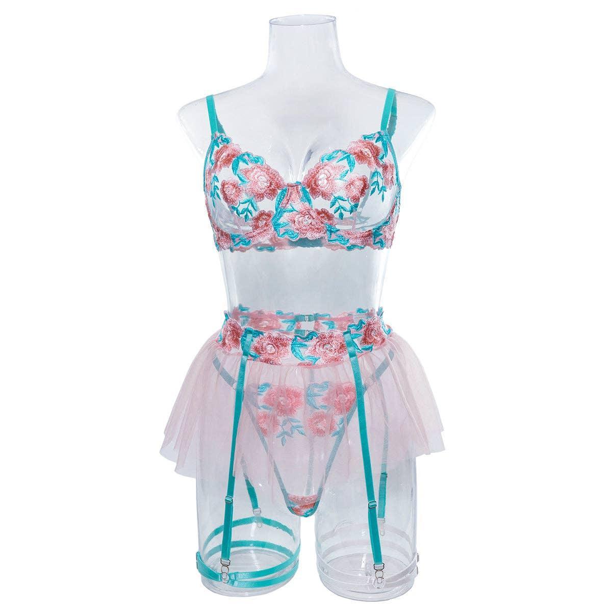 Floral Embroidery Sexy Lingerie Set with Garter 2709 - SWEETKAMA