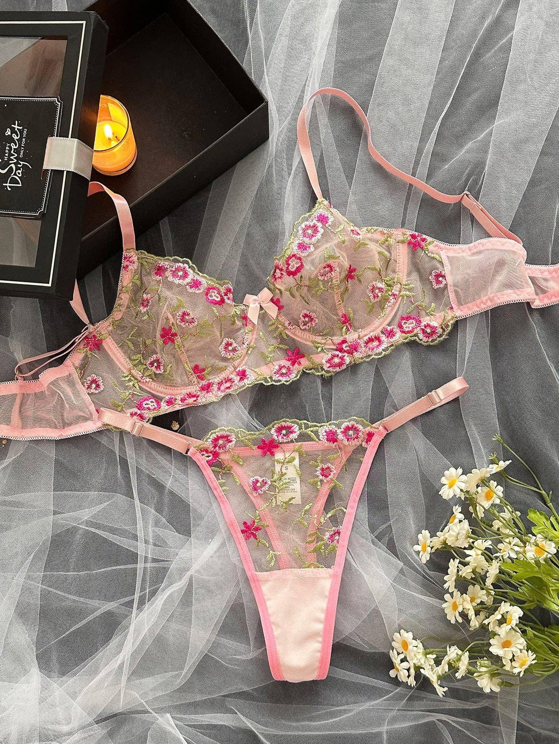 Floral Embroidery Sexy Perspective Lingerie Set HF-4029 - SWEETKAMA