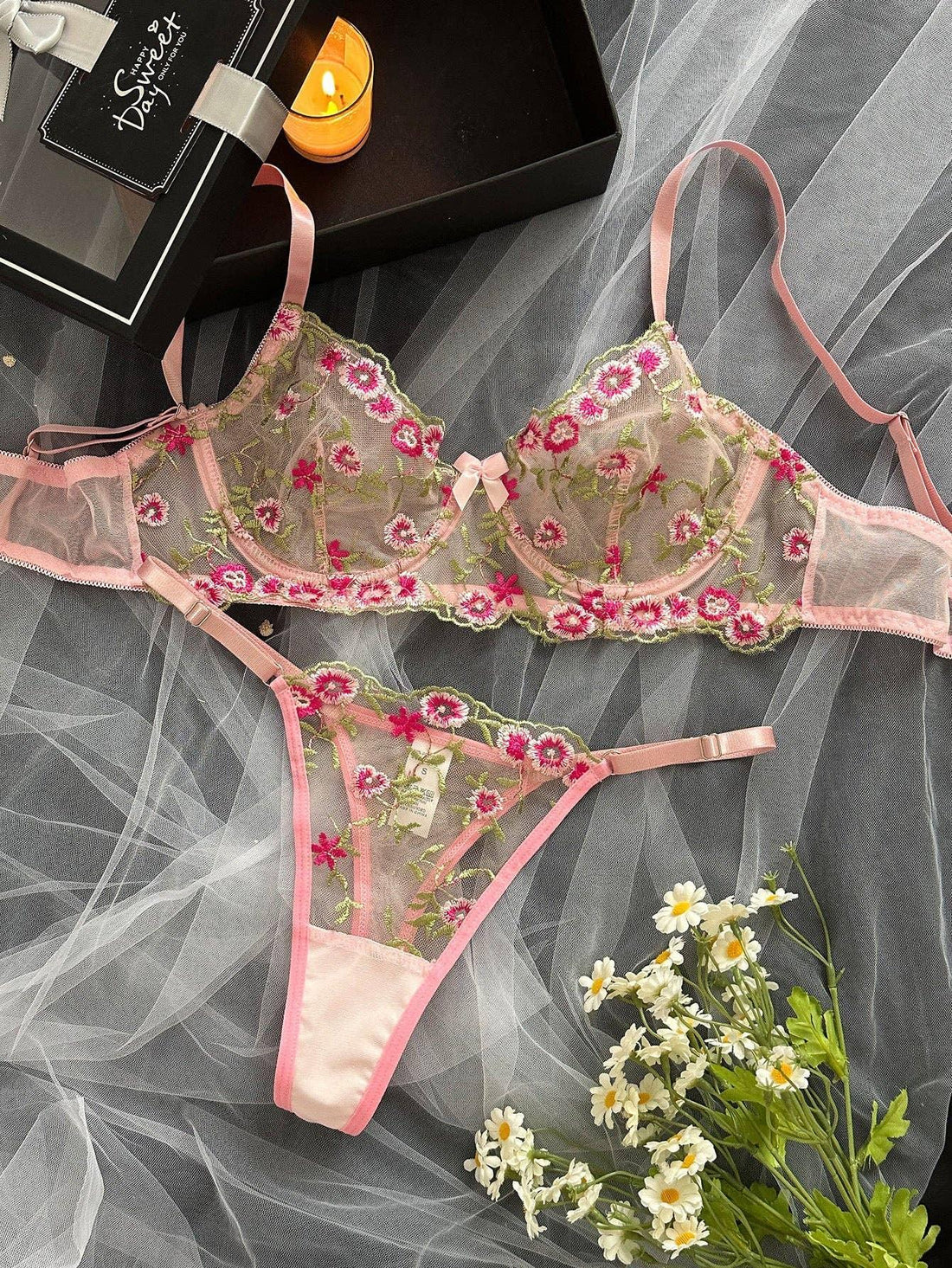 Floral Embroidery Sexy Perspective Lingerie Set HF-4029 - SWEETKAMA