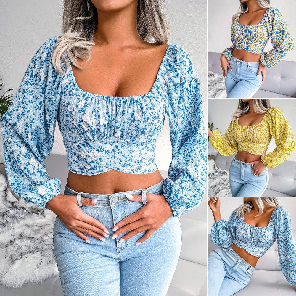 Floral Print Long Sleeves Square Collar Crop Top 8396 - SWEETKAMA