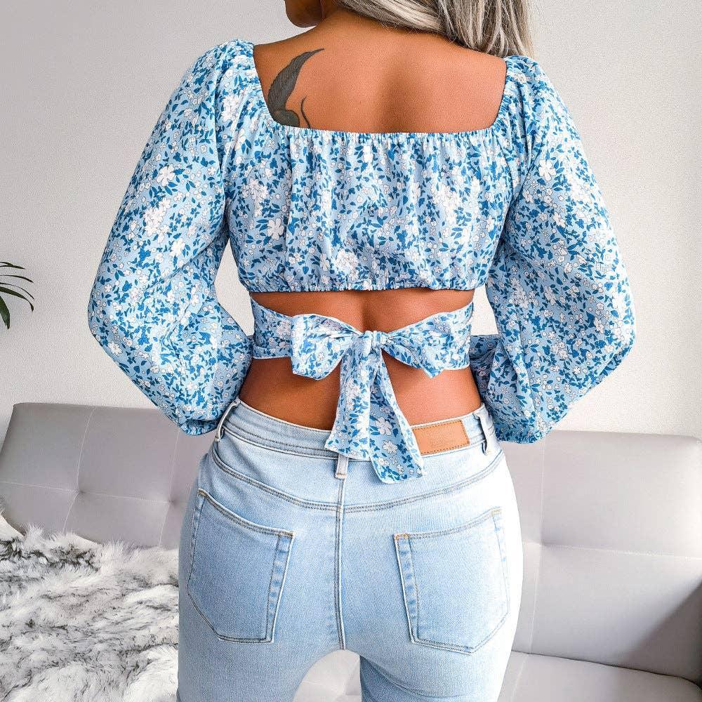 Floral Print Long Sleeves Square Collar Crop Top 8396 - SWEETKAMA