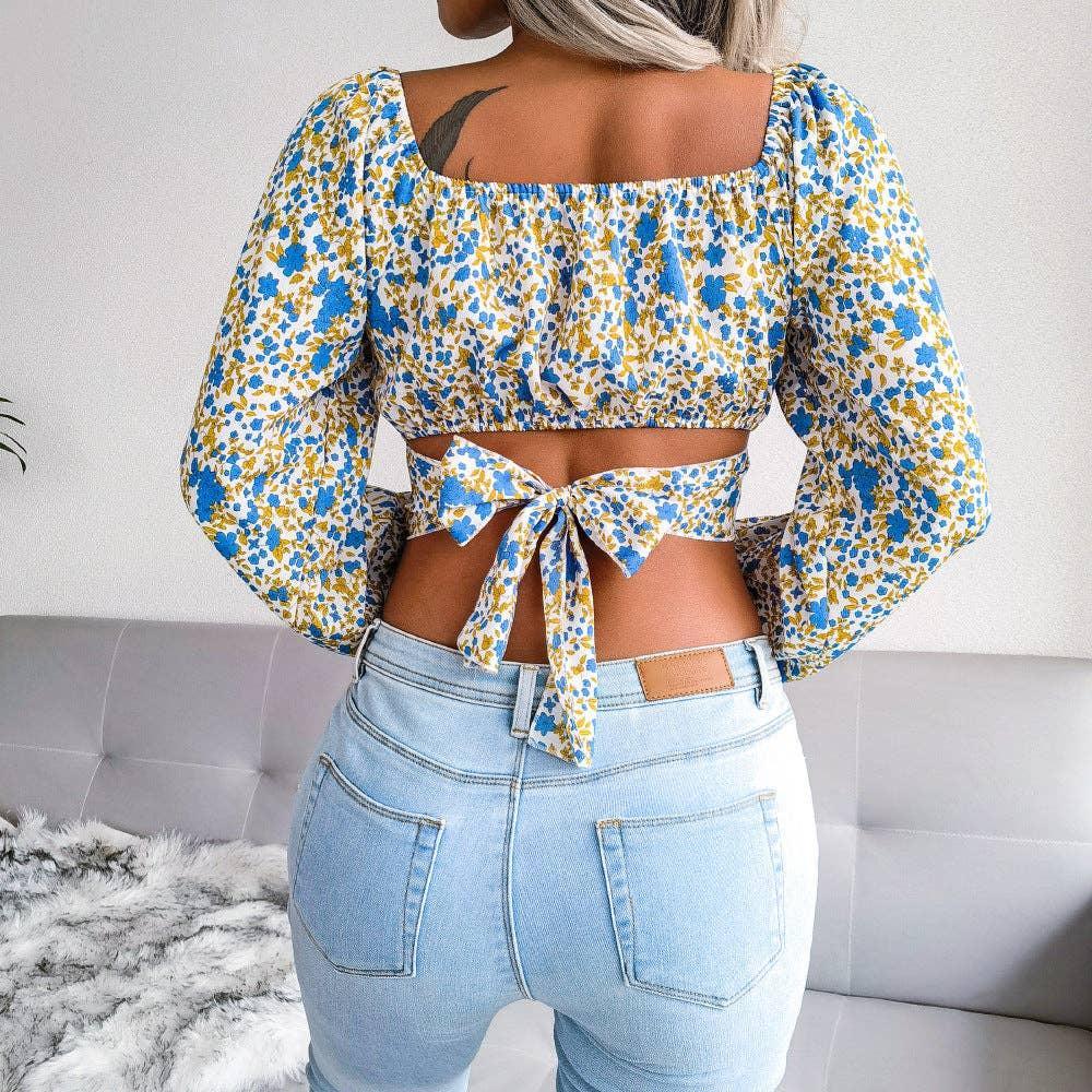 Floral Print Long Sleeves Square Collar Crop Top 8396 - SWEETKAMA