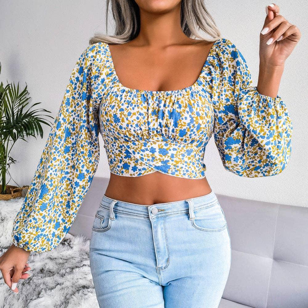 Floral Print Long Sleeves Square Collar Crop Top 8396 - SWEETKAMA