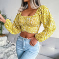 Floral Print Long Sleeves Square Collar Crop Top 8396 - SWEETKAMA