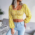 Floral Print Long Sleeves Square Collar Crop Top 8396 - SWEETKAMA