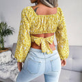 Floral Print Long Sleeves Square Collar Crop Top 8396 - SWEETKAMA