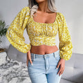 Floral Print Long Sleeves Square Collar Crop Top 8396 - SWEETKAMA