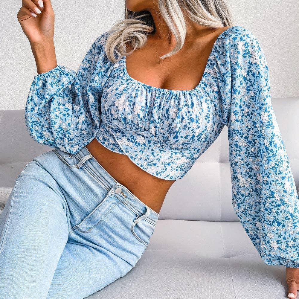 Floral Print Long Sleeves Square Collar Crop Top 8396 - SWEETKAMA