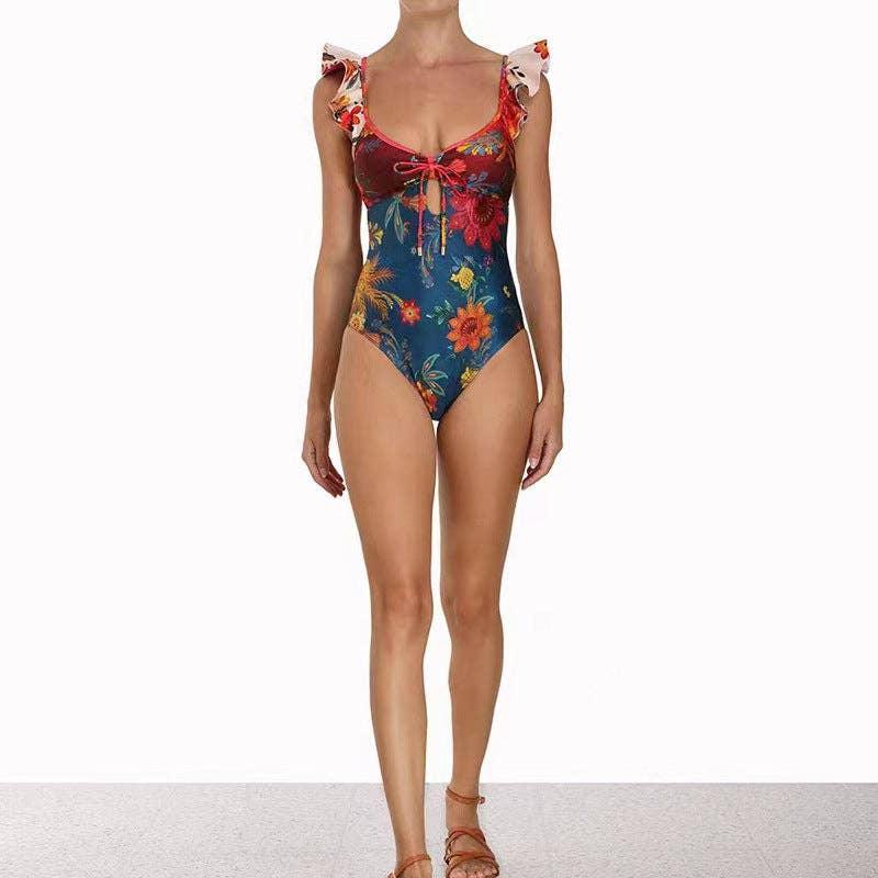 Floral Print Ruffle One Piece Swimwear Y297 - SWEETKAMA