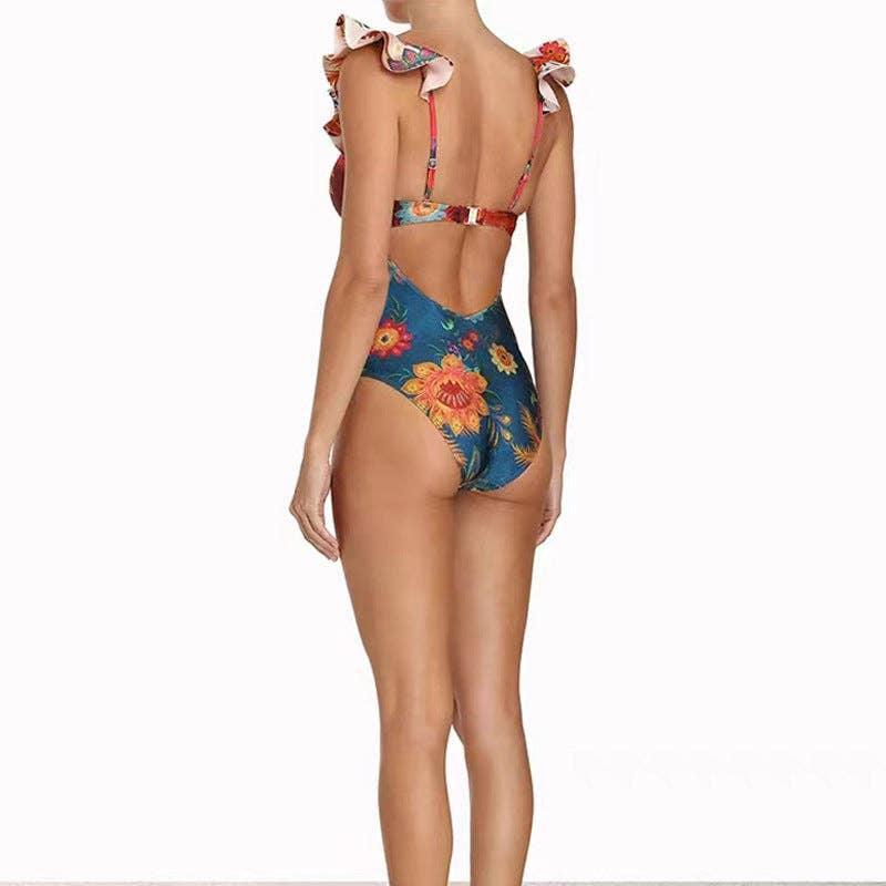 Floral Print Ruffle One Piece Swimwear Y297 - SWEETKAMA