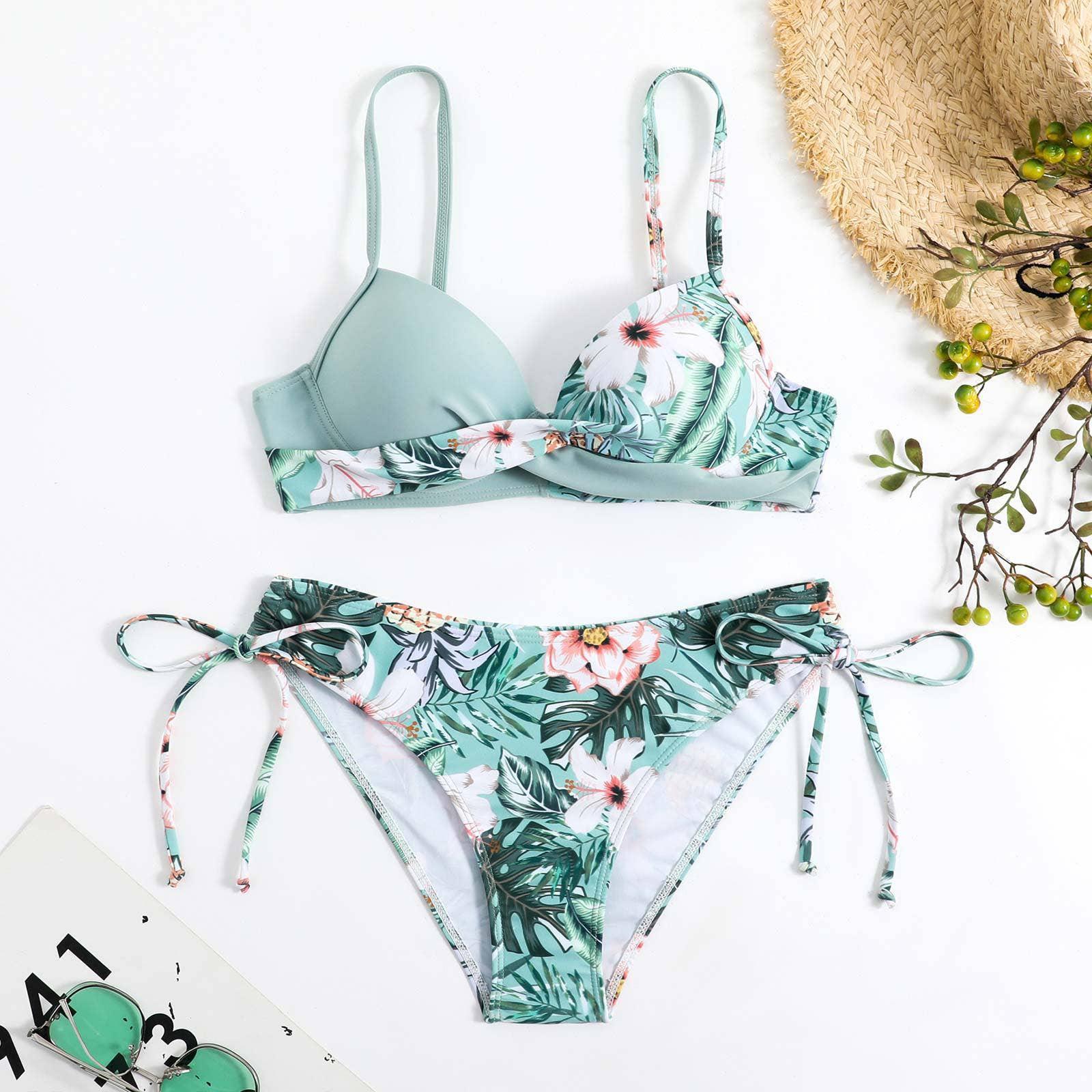 Floral Print String Tie Bottom 2PCS Bikini Set Y65 - SWEETKAMA